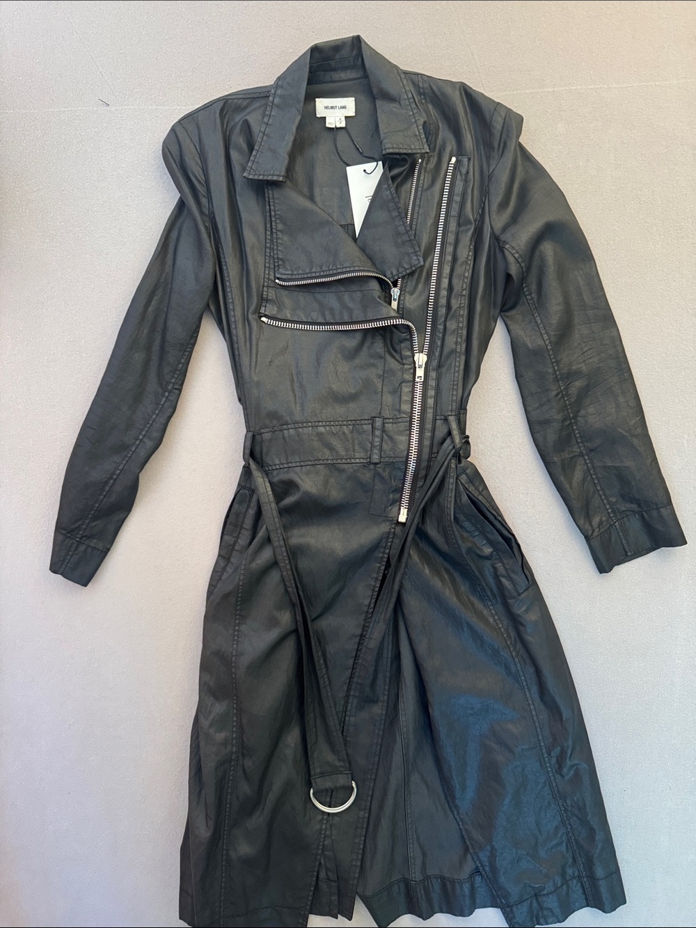 Helmut Lang Asymmetric Laminated Long Coat Black Size S